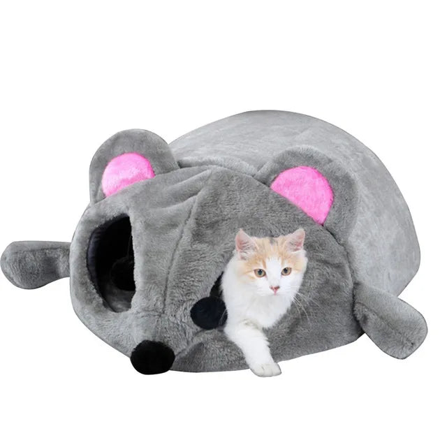 Gray Mouse Form Cat House Waterproof Small Cats Dogs Cave Bed Removable Bottom Soft Fleece Cat House Cute Cat Bed House
