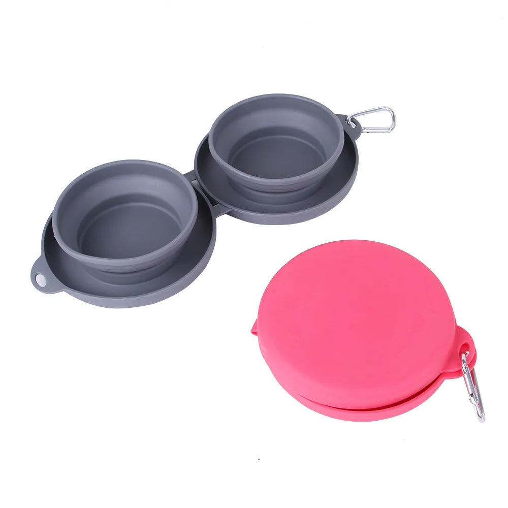 Rubber foldable double bowl pet feeding bowl Outdoor travel dog bowl Cat food bowl supplies