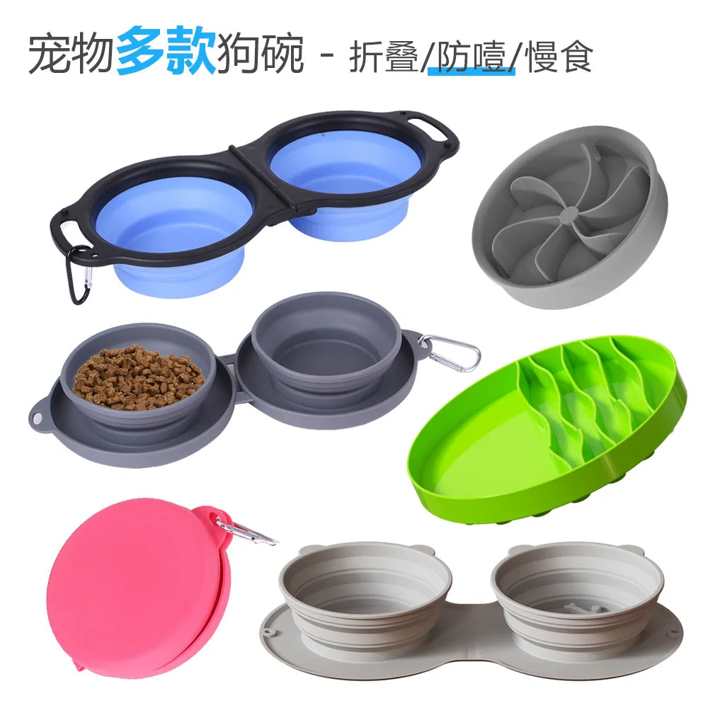 Rubber foldable double bowl pet feeding bowl Outdoor travel dog bowl Cat food bowl supplies
