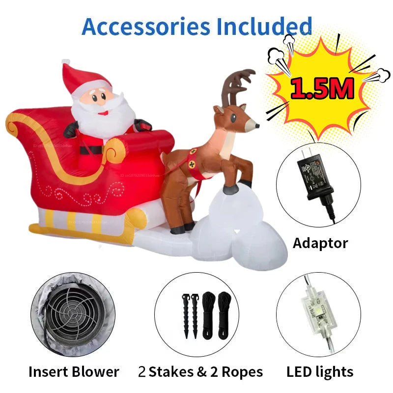 1.5M/5FT Christmas Inflatable Snowman/Deer Trailer Santa Claus Model With LED Lights Outdoor Courtyard Garden Decorae Props